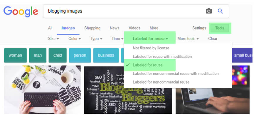 Use Google images safely by selecting the labeled for reuse button
